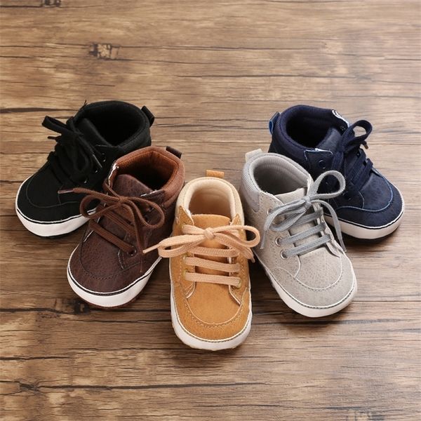 

newborn baby boy shoes crib toddler infant gray leather sport lace-up soft sole anti-slip 0-18 months first walker high boots lj201214