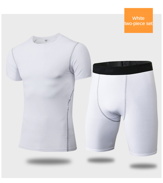 

men skinny training exercise suit sweat fast drying short sleeves + shorts professional tight running fitness yoga set, White;black