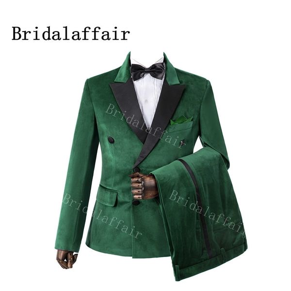 Bridalaffair 2 Parça Yeşil Kadife Düğün Groomsmen Smokin Siyah Tepe Yaka Slim Fit Custom Made Akşam Parti Erkekler 201106 Suits