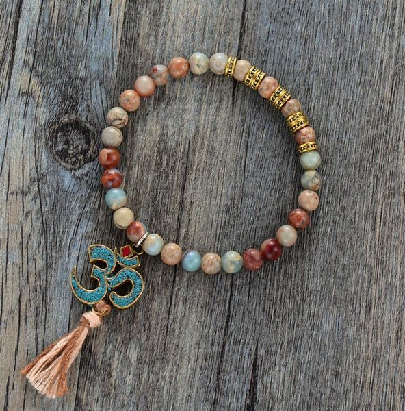 

новый stretch браслет природный камень тибетский om шарм кисточкой упругие браслет природные камни из бисера мала браслет dropshipping jllsd, Golden;silver