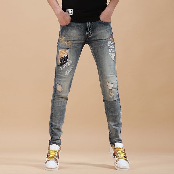 

men's embroidery jeans summer fashion ripped stretch straight jean, Blue