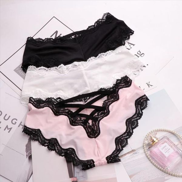 

2021 fashion panties bandage deign hollow out silk panties women lace female crotch cotton thongs string panties, White;black