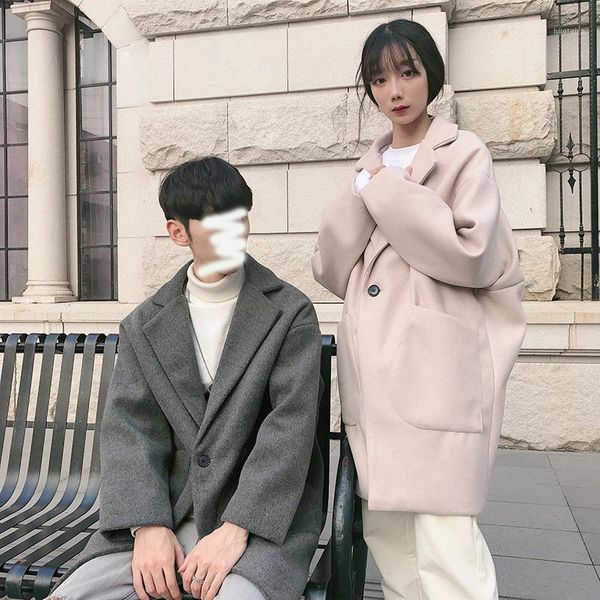 

winter long woolen coat men's fashion solid color casual v-neck woolen jacket man streetwear wild loose couple coat1, Black