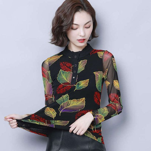 

2019 ear edge floral print fall long sleeve elastic mesh slim t-shirt for women's middle aged and elderly mothers, Black;gray
