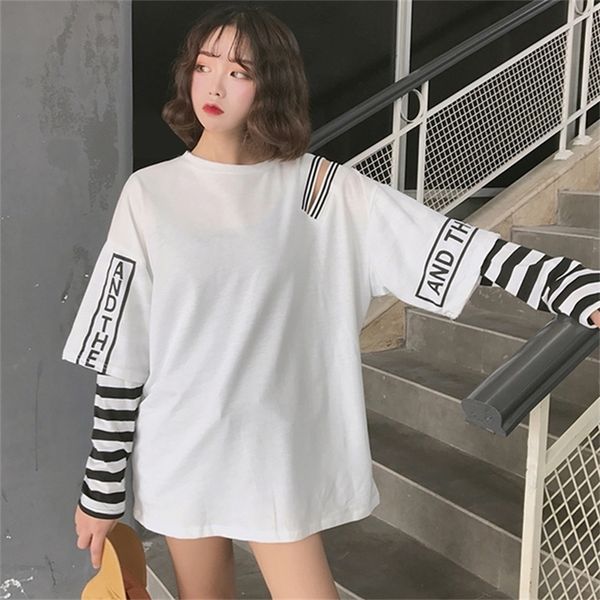

striped patchwork women's sweatshirt hoodies long sleeve hip pop cold shoulder women hoody autumn punk woman pullovers y200915, Black