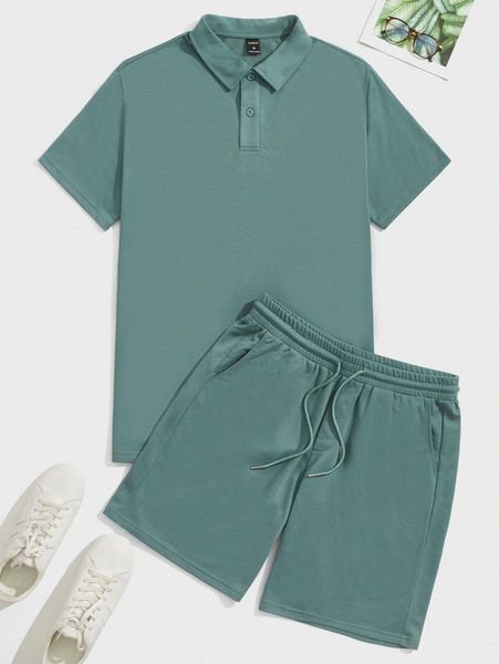 

men solid polo shirt and drawstring waist shorts set r1vt#, Gray