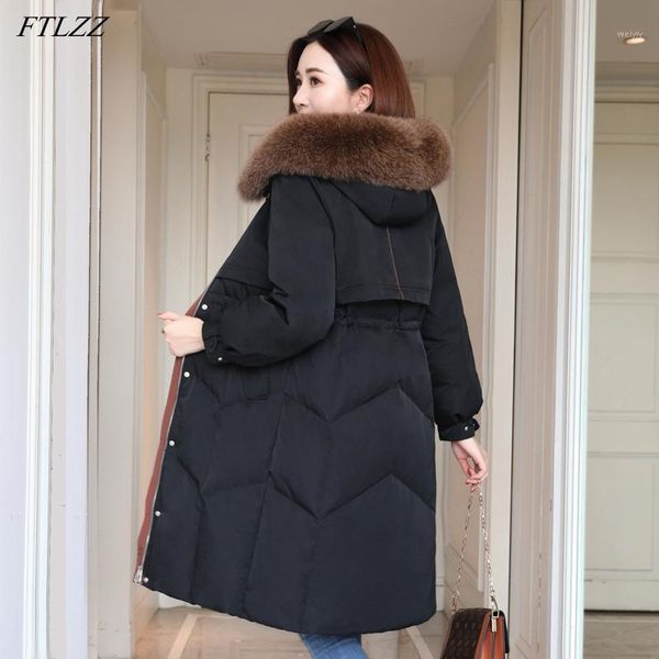

ftlzz new winter women artificial fur collar hooded slim long down parka 90% white duck down coat warm snow jacket outwear1, Black