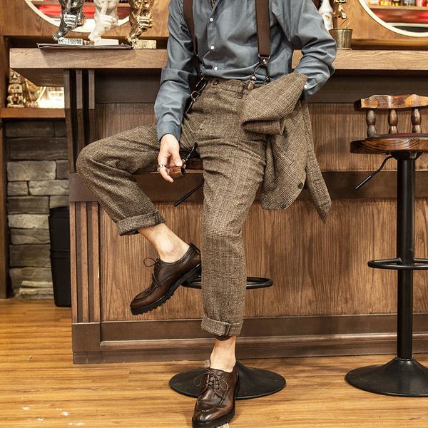

soarin british suit men's business casual slim fit capris plaid straight pants