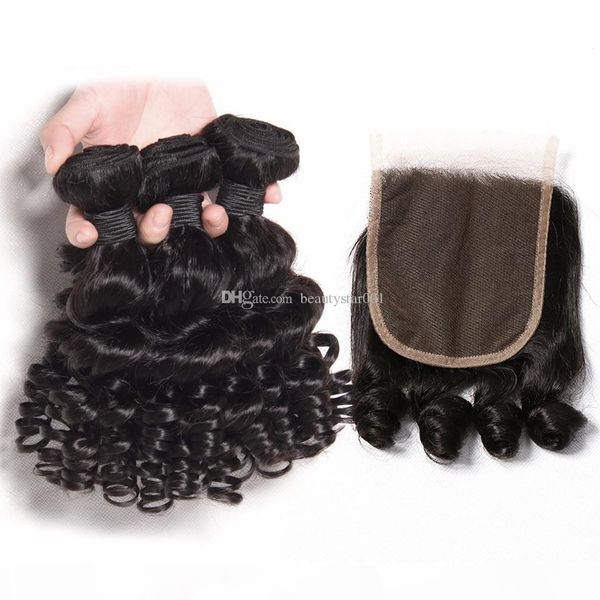 

brazilian bouncy curly weave human hair 3 bundles deal with lace closure 4x4 part middle part remy aunty funmi hair closure, Black;brown