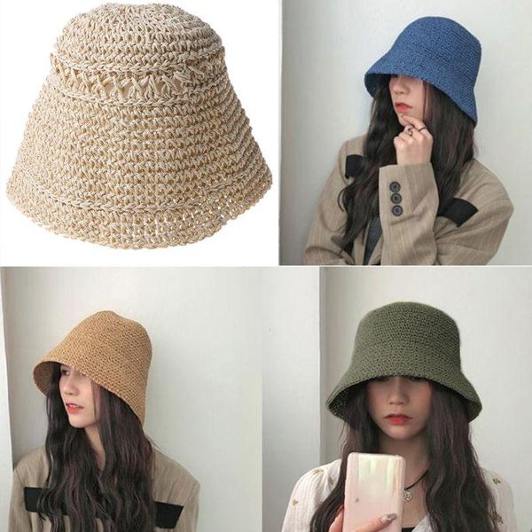 

women summer crochet straw bucket hat sun protection dome foldable fisherman cap 28gd, Blue;gray