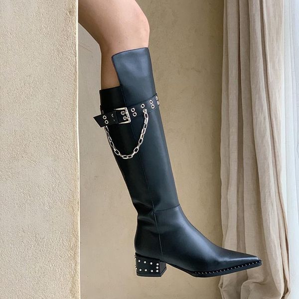 

boots knee high women autumn winter warm genuine leather party office shoes woman side zipper pointed toe, Black