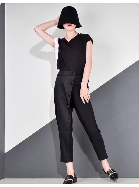 

2021 black long tide hare women's elastic pants at the waist button fly casual modis front female shreds autumn ljt3926 3zmr, Black;white