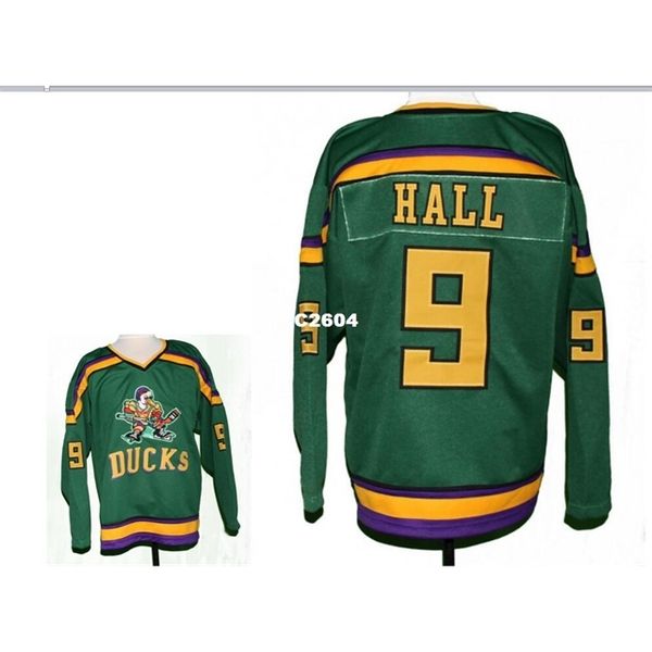 

real men real full embroidery #9 jesse hall #9 mighty ducks movie hockey jersey or custom any name or number hockey jersey, Black
