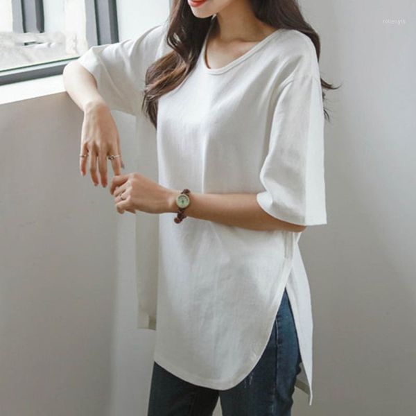 

causal women white t-shirt korean summer half sleeve long split female solid color t shirt chic tees shirts black1