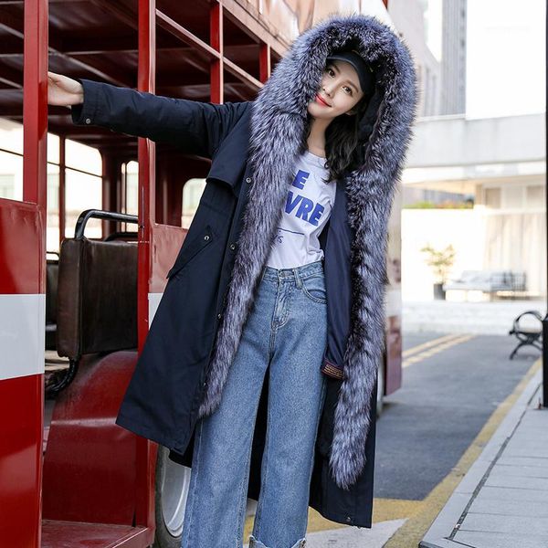 

women's fur & faux 2021 autumn winter jacket women natural liner long trench collar overcoat real parka coat female a2621, Black