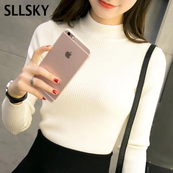 

sllsky turtleneck women sweater solid long sleeve thin pullovers autumn new elasticity casual jumper fashion knitted sweaters, White;black