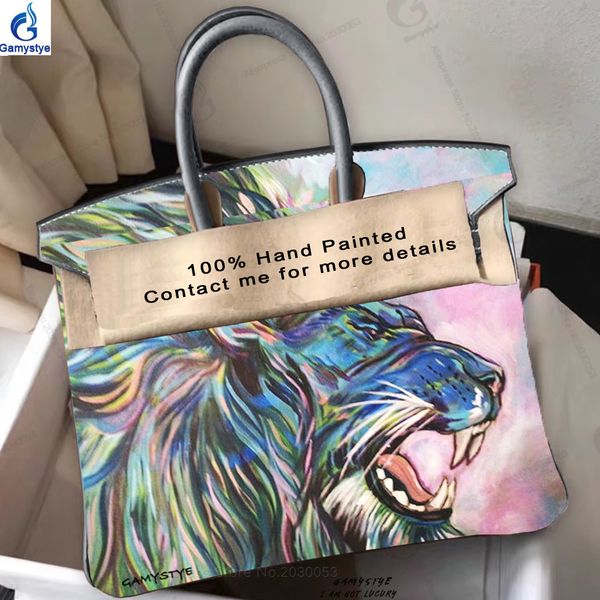 

handmake painted graffiti art lion bags genuine leather luxury totes women bags design women handbag really togo leather bags