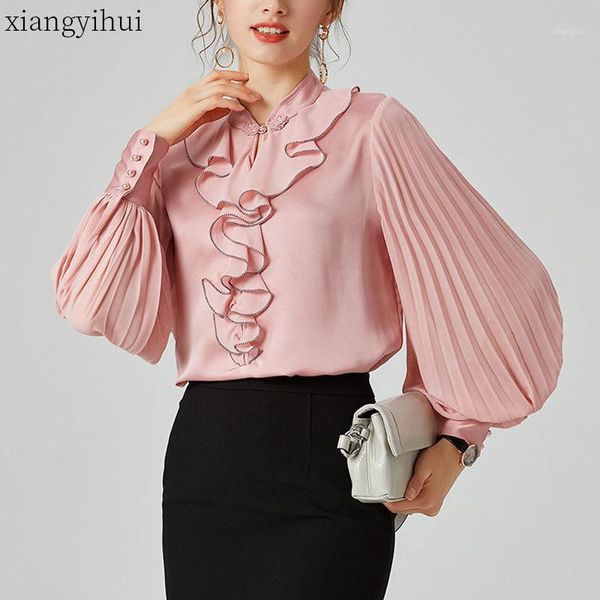 

pink lantern sleeve silk blouse female women autumn fashion loose shirt office work ladies casual stand collar white shirts1