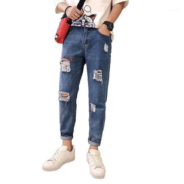 

stylish embroidered hole back pocket print ankle length jeans hong kong style hip hop denim harem jeans men1, Blue