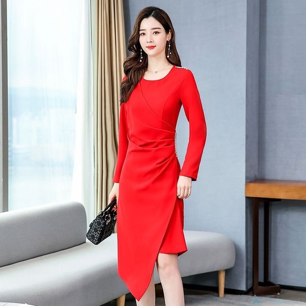 

4sq2t women's new 2020 spring dress skirt version dresslong skirt dress slim medium length irregular korean crew neck new hg2001 55oom, Black;gray