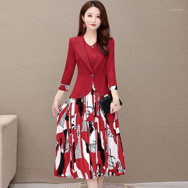 

office lady two piece sets women outfit fashion 3/4 sleeve blazer and sleeveless spliced print pleated dress suits spring autumn1, Gray
