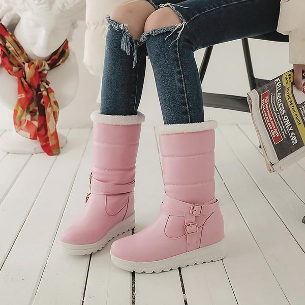 

boots high qulity mid calf round toe buckle female sweet platform shoes warm winter snow black white pink