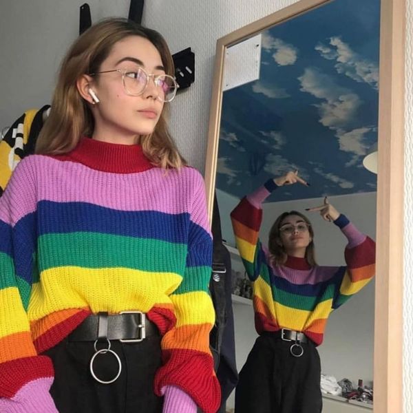 

women's rainbow sweater turtleneck colorful striped long sleeve pullover autumn chic casual loose streetwear sweaters y200910, White;black
