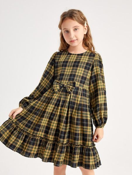 

girls tartan print bow front frill trim dress she, Red;yellow