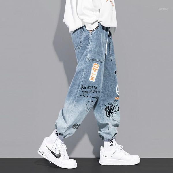 

autumn big pocket jeans men's fashion cartoon graffiti gradient hip hop pants loose wathet jeans drawstring leggings pants1, Blue