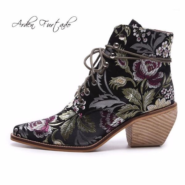 

boots arden furtado 2021 spring autumn style big size 40-43 flowers chunky heels 7cm cross tied ankle shoes woman boot1, Black