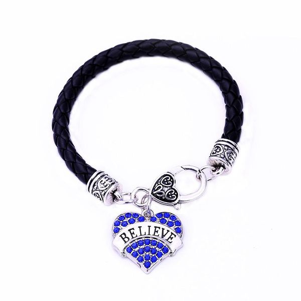 

selling rhodium plated with sparkling crystals believe heart pendant bracelet rope chain, Black