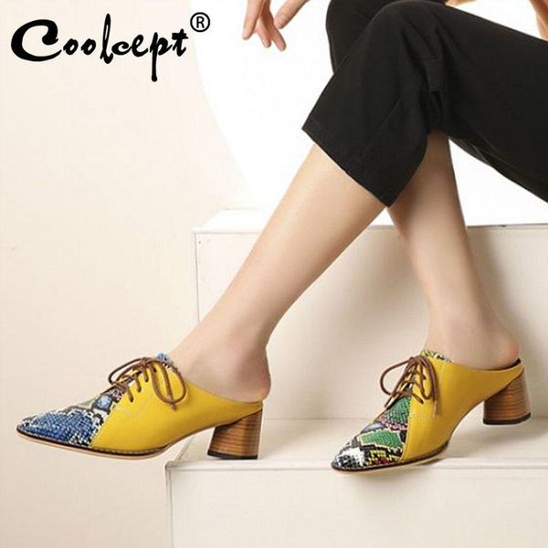

coolcept patchwork women pumps leather pattern snakeskin lacing women shoes thick heel party casual footwear size 34-42, Black