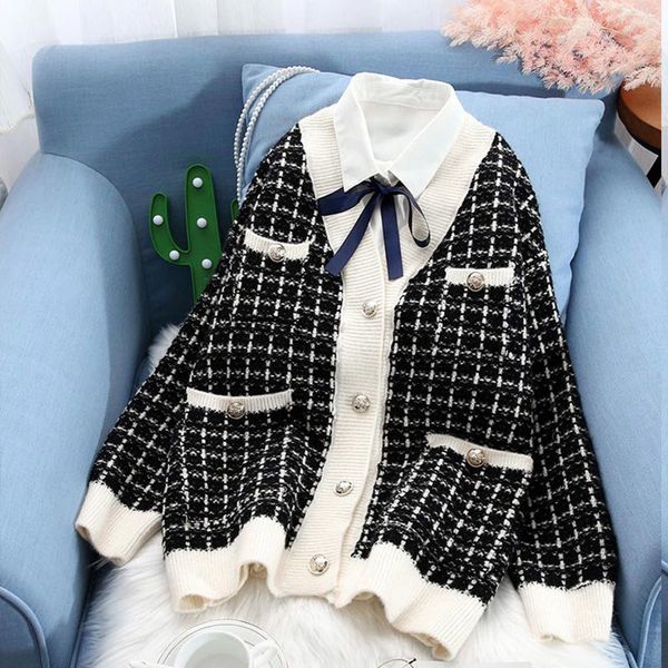 

autumn knitted checked sweater cardigans women plaid v-neck single breasted cardigan female 2020 winter casual ladies sweaters c1023 c1030, Black