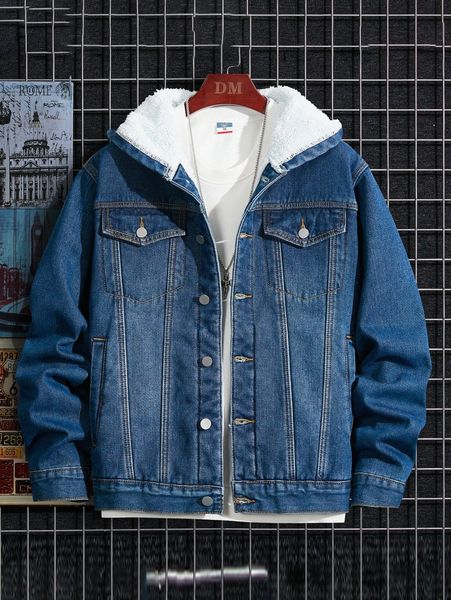 

men teddy lined hooded denim jacket without tee r3b0#, Blue