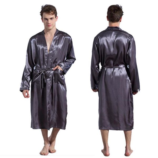 

plus size home bathrobe long sleeve men's solid color robe spring autumn homewear sleepwear lace up cardigan long dressing gown, Black;brown