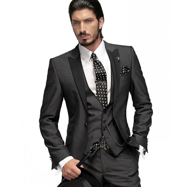 Groom Tuxedos Slim Fit One Button Charcoal Grey Peak Black Lapel Groomsmen Men Wedding Suits ( Jacket Pants Tie Vest )