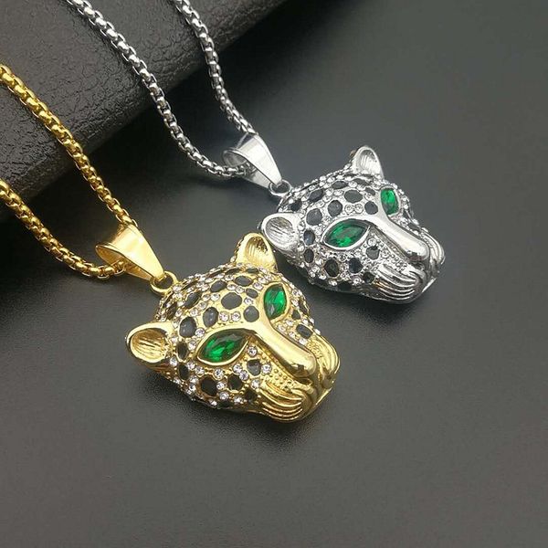 Maré Hip Hop Hiphop Jóias Titânio Aço Ouro Diamante Banhado com Olhos Vermelhos e Verdes Leopard Head Pingente Colar GD1238