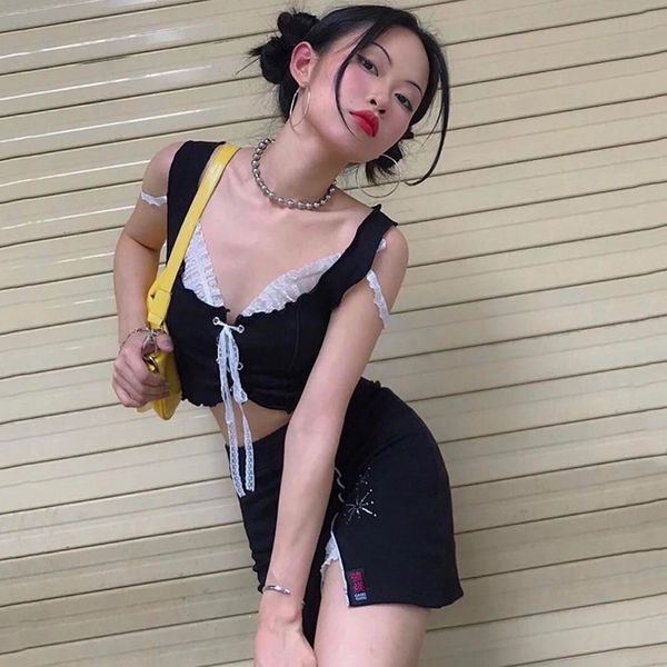 

allneon fashion sweet straped matching sets women's lace up crop and slit mini skirts sets vintage e-girl 2 piece sets cute, White