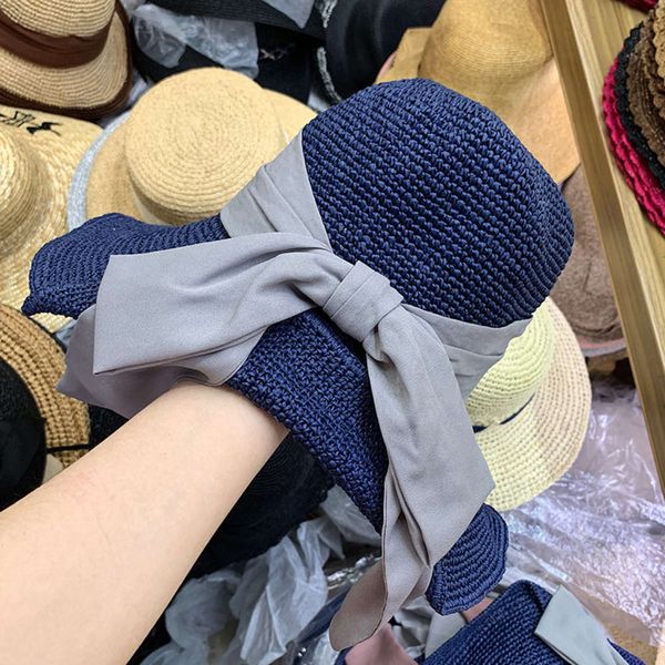 

bow foldable lafite straw new holiday beach sun hat, Blue;gray