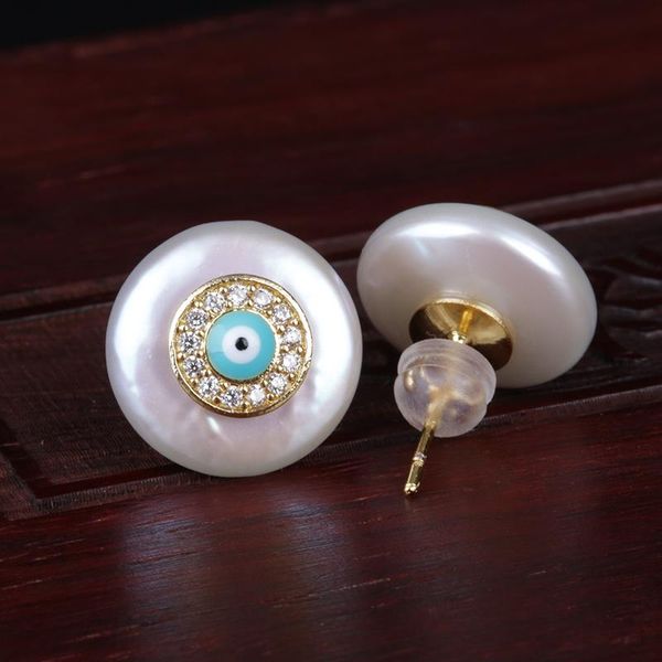 

white cz micro pave tiny blue eye evil eye natural coin freshwater pearl bead protect charm gold button stud earring, Golden;silver