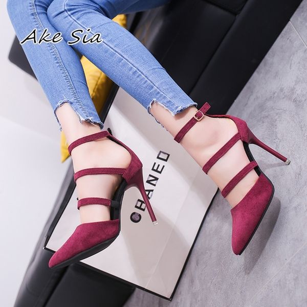 

spring states new pointed high-heeled shoes with shallow mouth buckle female shoes suede straps single shoes s079 y200111, Black
