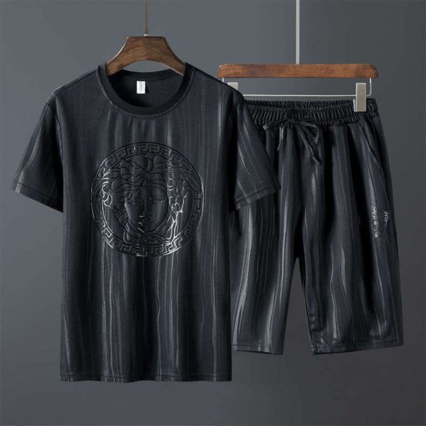 

sportswear summer oversized fat loose print men's short sleeve two piece set, Gray