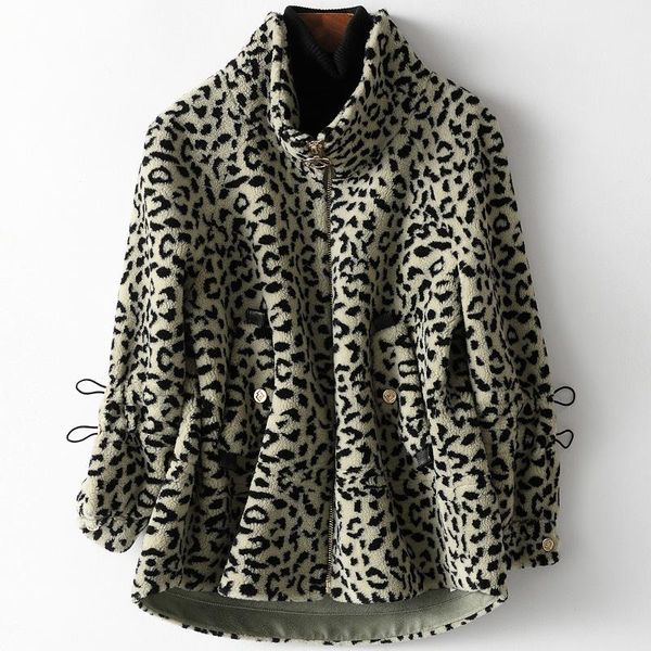 

women's fur & faux women winter wool coat jacket loose mid length jackets thick warm outwear fashion leopard print blends, Black