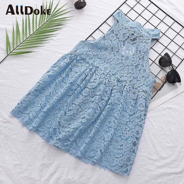 

alldoke blue lace hollow out blouse women summer stand sleeveless shirt femme party bow ladies blouses blusas1, White