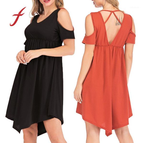 

feitong dress women loose round neck hem irregular casual short sleeve off-shoulder dress party night vestidos1, Black;gray