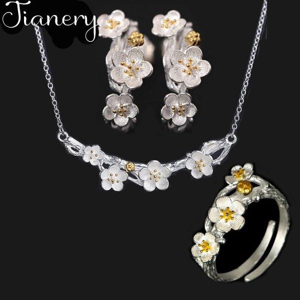 

new arrivals fashion plum blossom flower necklaces pendant rings jewelry sets for women wedding statement jewelry, Silver