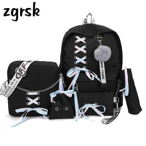 

chain usb backpack women canvas 5pcs/set women backpack teenager girls backpacks shoulder bag female student school bags tassel c1023