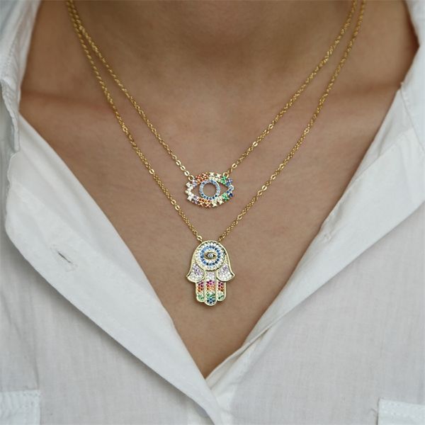 

borkish hamsa hand evil eye tassel layered gold necklace rainbow cz choker pendant women neck collier y200730, Silver