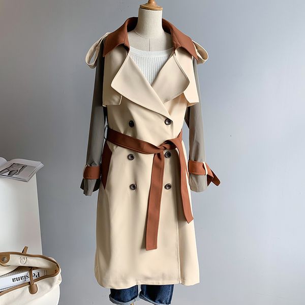 

2021 new fashion coat with belt turn down collar contrast color women long trench femme abrigo streetwear i4w9, Tan;black