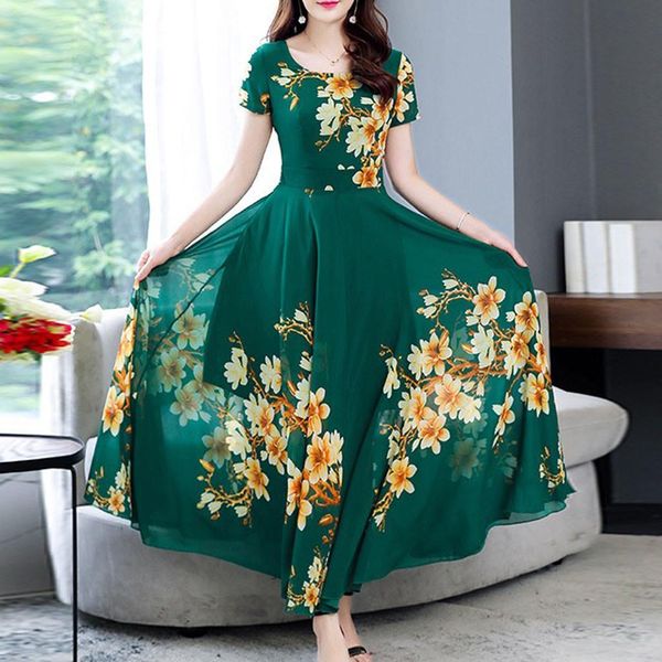 

women's summer dress short sleeve maxi dress bohemian floral print long dress round neck belt elegant large size dresses#j30, Black;gray